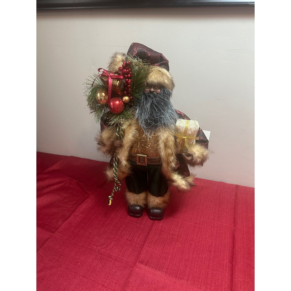 Holiday Home 18in African American Santa Claus Figurine Faux Fur Burgundy Gold